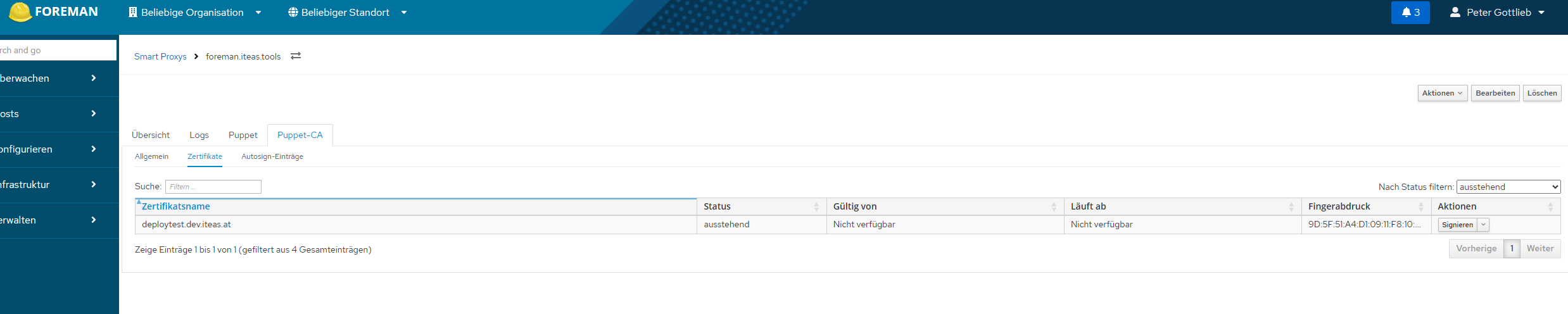 Pending CSR in der Puppet-CA-Zertifikate-Liste mit Signieren-Button